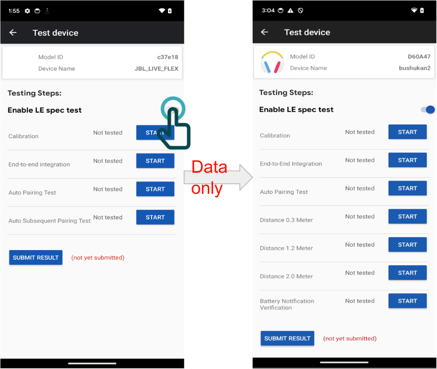 The App automatically updates the test list for a data-only device once the switch is enabled.