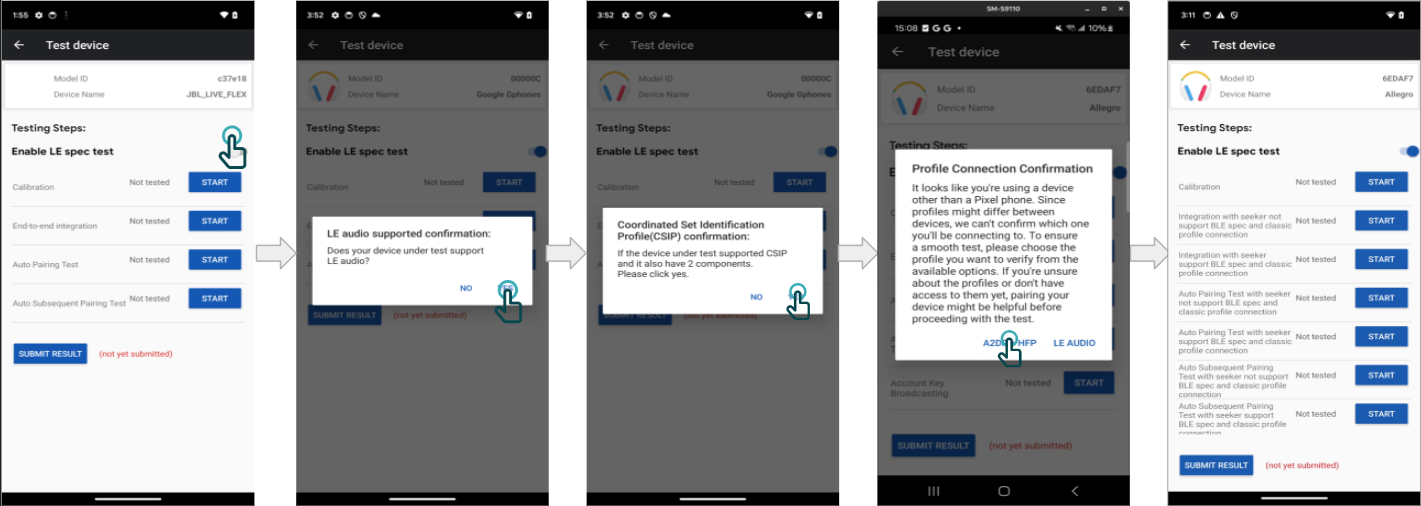 如果用户为非 Pixel 手机选择 A2DP + HFP 支持，系统会显示 BT 传统测试。