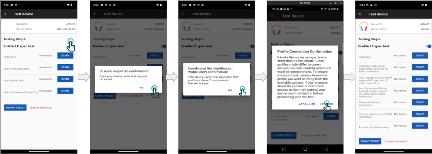 Die LE Audio-Tests werden angezeigt, wenn der Nutzer bestätigt, dass das nicht von Google stammende Smartphone LE Audio unterstützt.