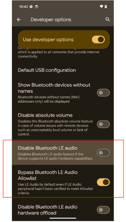 這張圖片顯示「開發人員選項」頁面中的 LEA 切換鈕。 這張圖片顯示「開發人員選項」頁面中的 LEA 切換鈕。