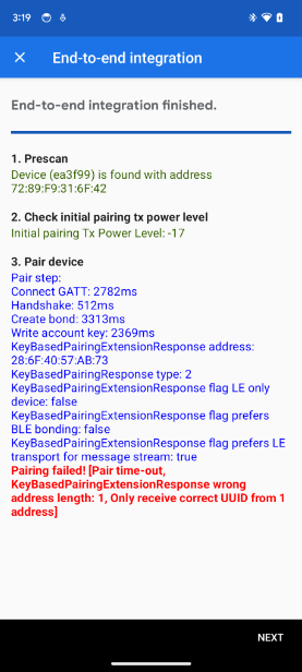 The app shows a KeyBasedPairingExtensionResponse address length error in the E2E Integration test.