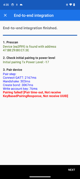 แอปแสดงข้อผิดพลาด KeyBasedPairingResponse ในการทดสอบการผสานรวมจากต้นทางถึงปลายทาง