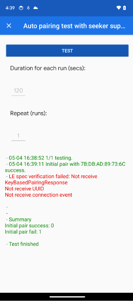 O app mostra um erro KeyBasedPairingResponse nos testes de pareamento automático e de pareamento automático subsequente.