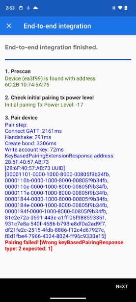 The app shows a KeyBasedPairingResponseType error in the E2E Integration test.