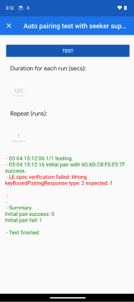 在自动配对和自动后续配对测试中，应用显示 KeyBasedPairingResponseType 错误。