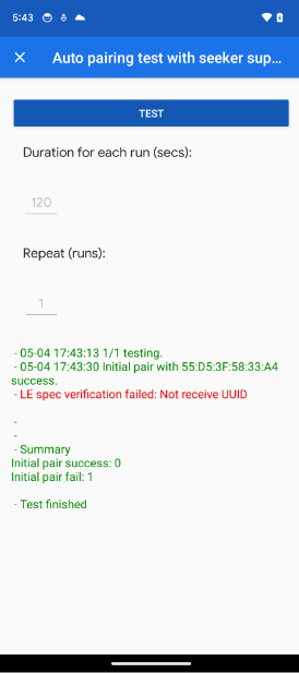 The app shows a UUID error in the Auto Pairing and Auto Subsequent Pairing tests.