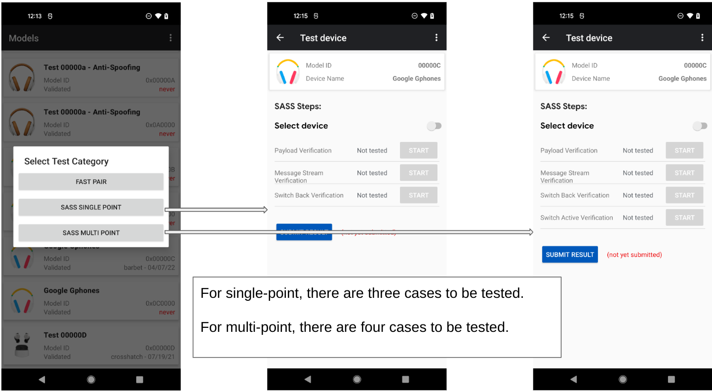 Figure 5: This shows how to select a device for testing and the types of tests it can have.