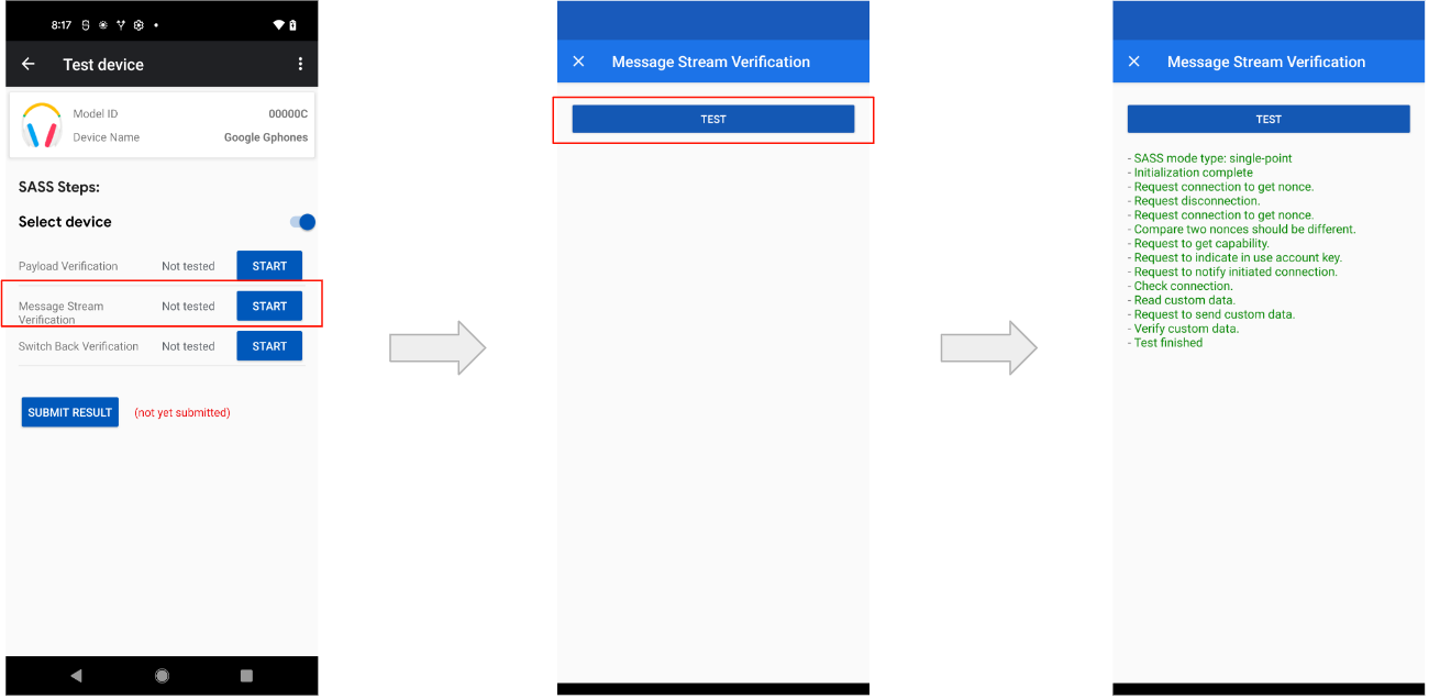 Figure 9: This shows the message stream verification test results for an example device.