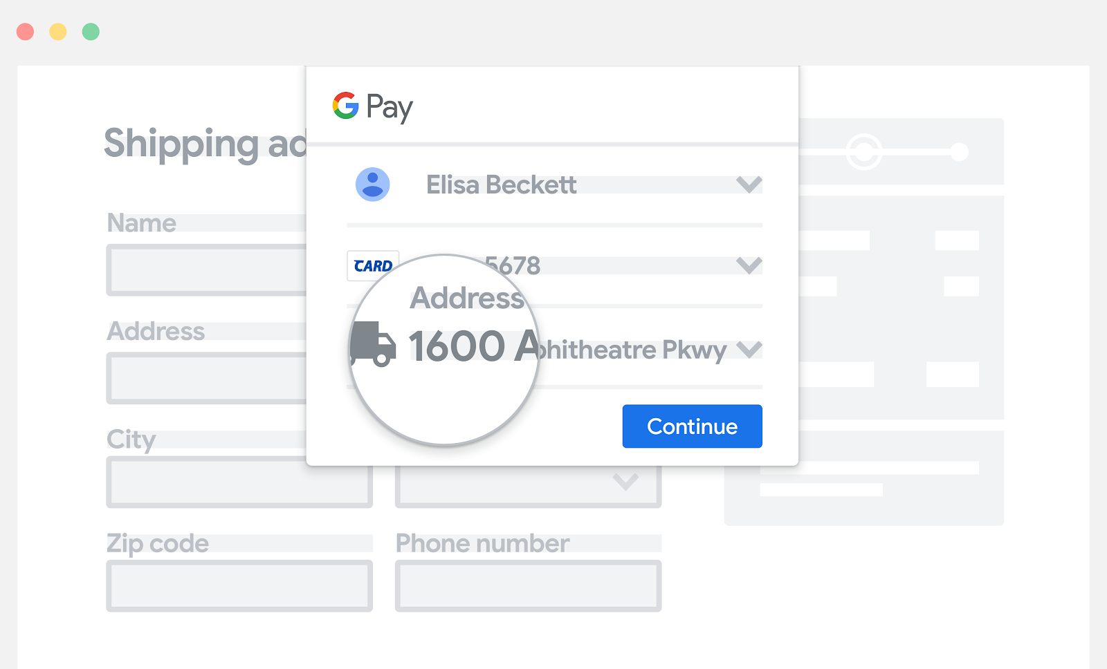 ממקמים את Google Pay מעל שדות להזנה ידנית של פרטי תשלום.