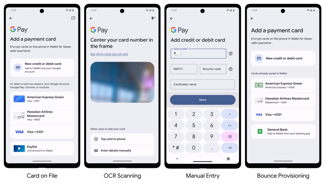 Google Pay にカードを追加する 4 つの方法: カード オン ファイル、OCR スキャン、手動入力、バウンス プロビジョニング