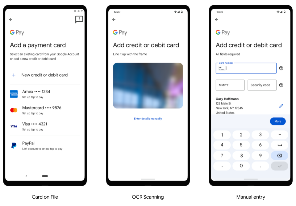 Adición de tarjetas a Google Pay con tres métodos diferentes: tarjeta registrada, escaneo con OCR e ingreso manual