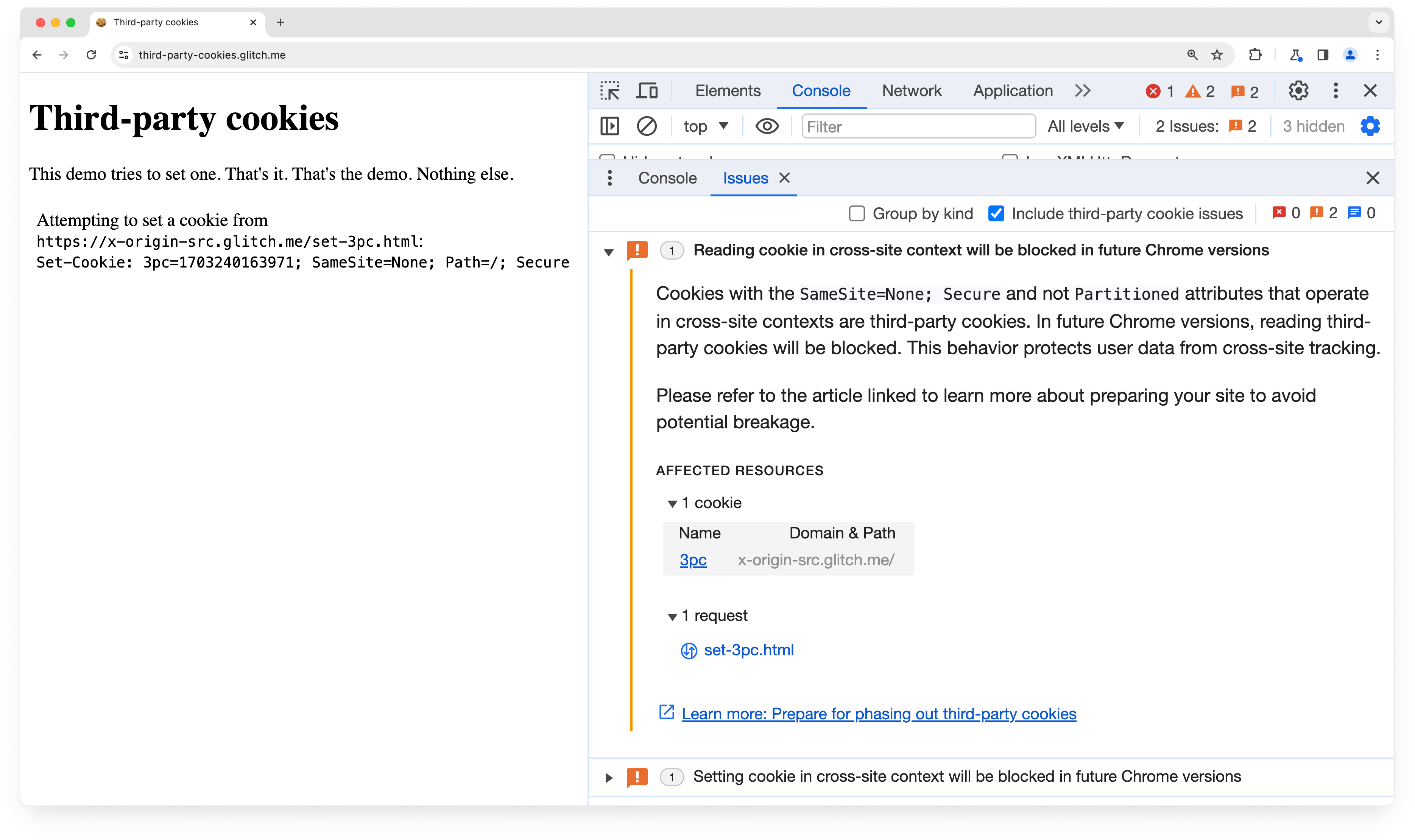 La pestaña Problemas de DevTools muestra una advertencia para las cookies SameSite=None.