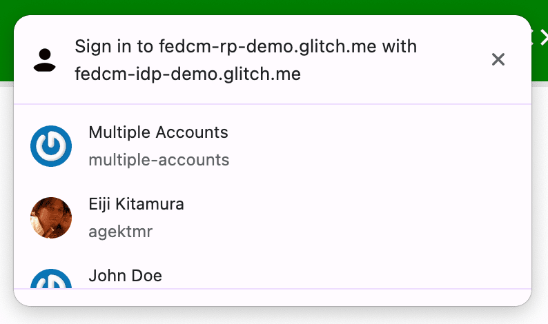Dialog FedCM yang menampilkan beberapa akun pengguna.