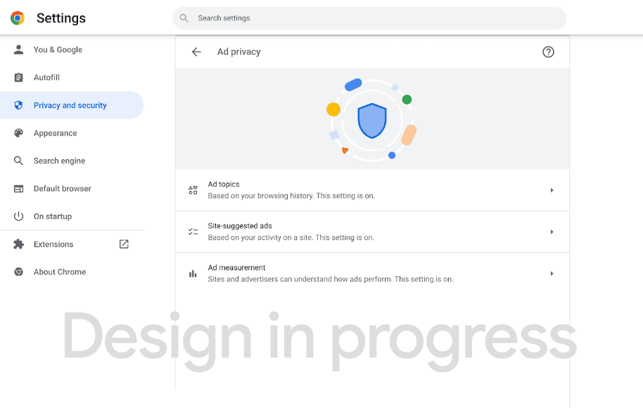 Chrome의 광고 개인 정보 보호 설정 미리보기입니다.