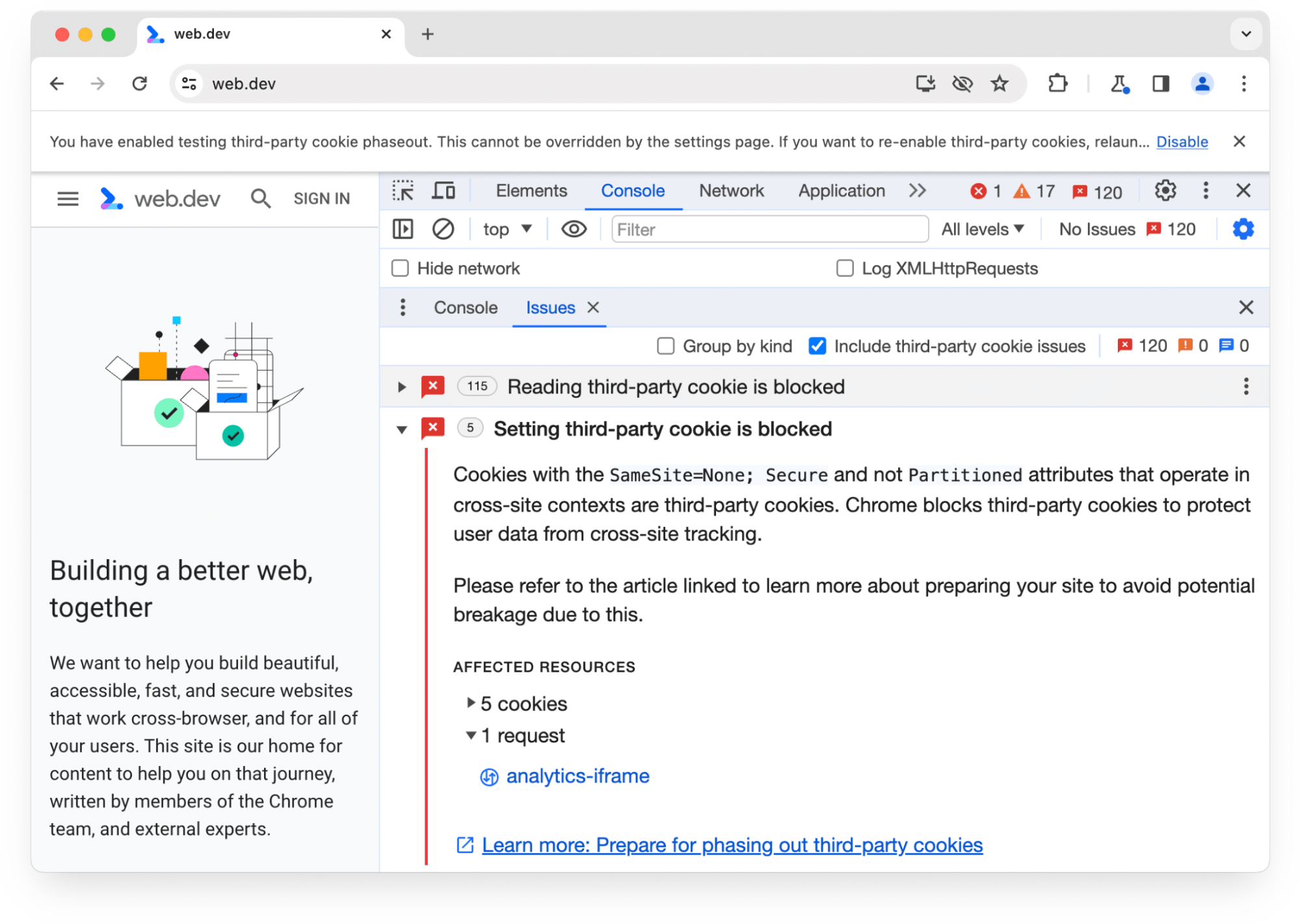 Warnung im Bereich „Probleme“ in Chrome-Entwicklertools zu fünf Drittanbieter-Cookies, die für eine Anfrage blockiert wurden.