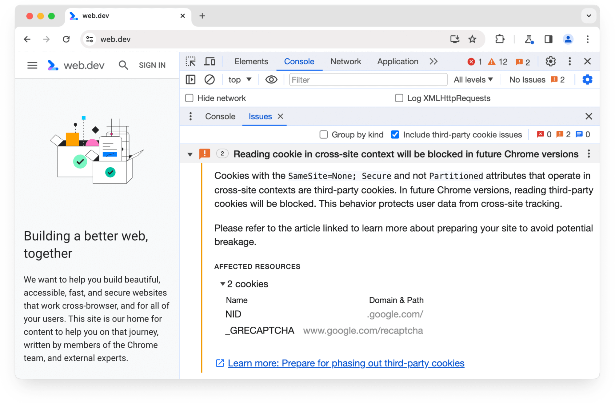 Panel Masalah Chrome DevTools memperingatkan tentang 2 cookie pihak ketiga yang akan diblokir di versi Chrome mendatang.