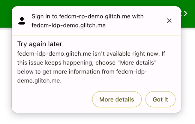 A FedCM dialog showing the error message after the user's sign-in attempt fails. The string is associated with the error type.