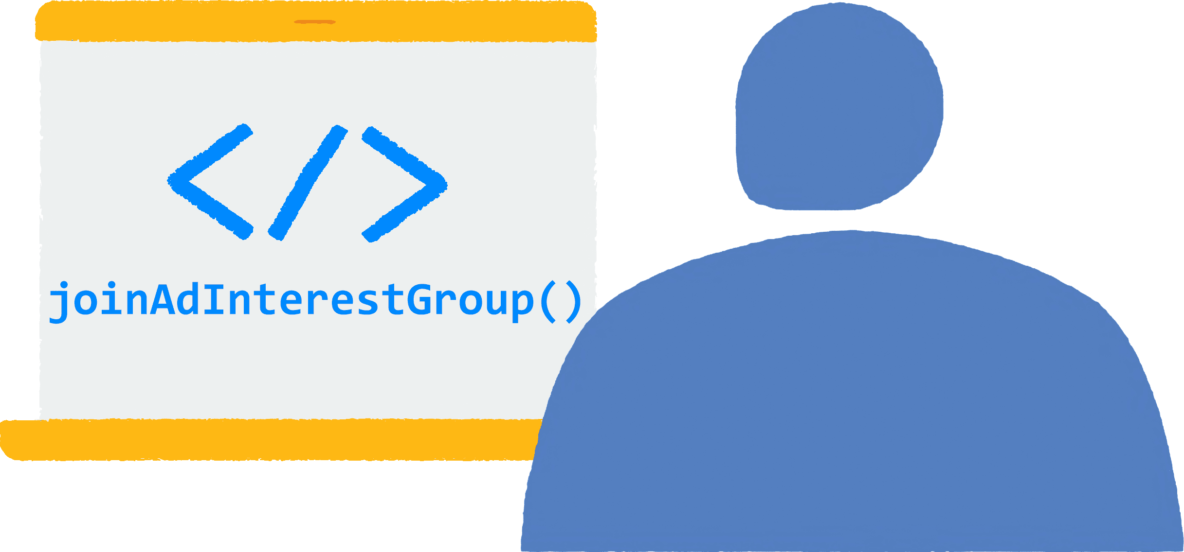 Ilustración que muestra a una persona mirando un sitio en un navegador con su laptop. El código JavaScript joinAdInterestGroup() se ejecuta en el navegador.