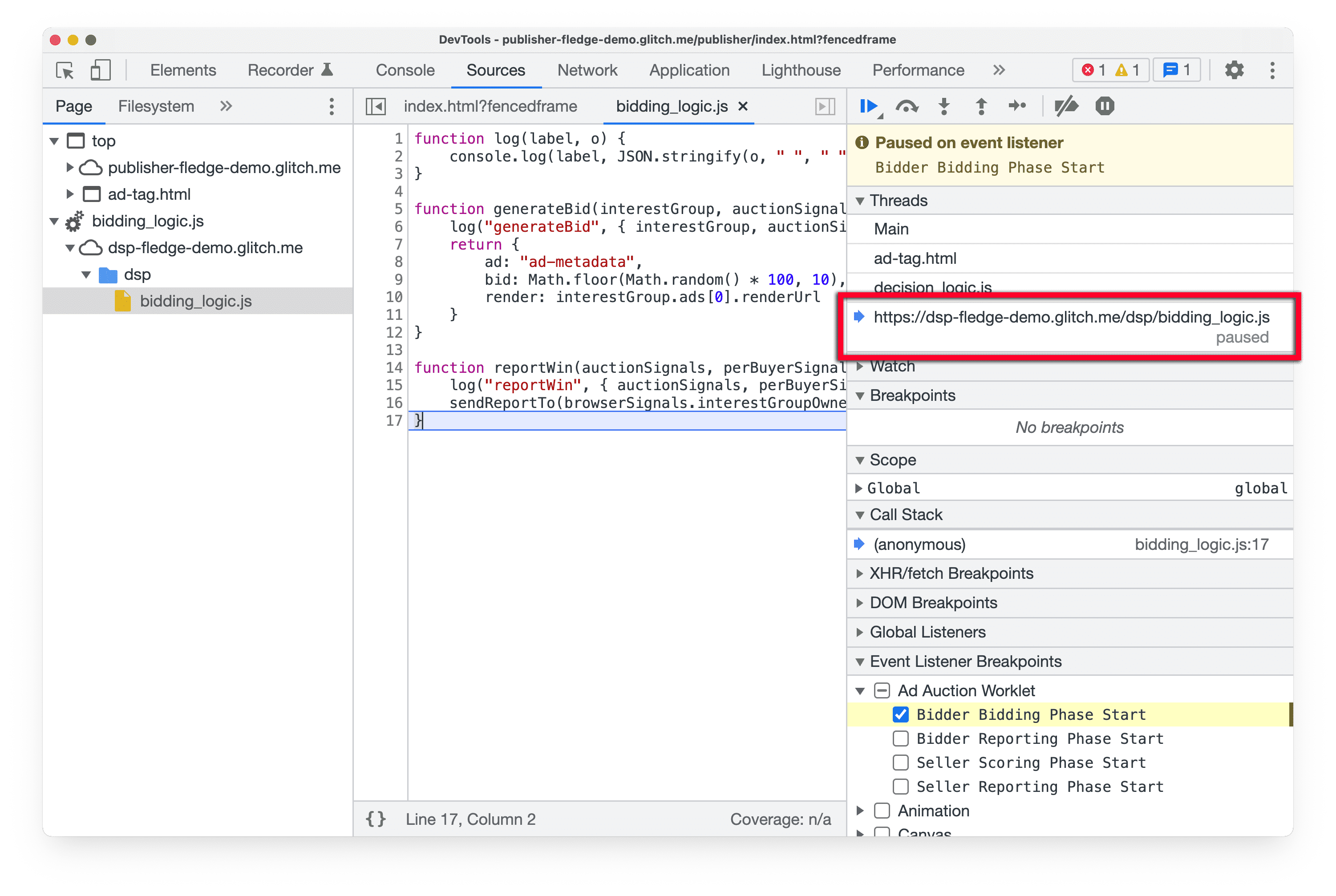 का स्क्रीनशॉट
Chrome कैनरी में DevTools, सोर्स पैनल में थ्रेड पैनल को हाइलाइट कर रहा है, जो मौजूदा
वर्कलेट स्क्रिप्ट को रोक दिया गया है.