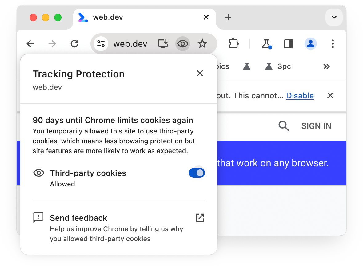 [サードパーティ Cookie] の切り替えボタンが [許可] に設定され、この設定が 90 日間許可されるという通知が表示されたトラッキング防止ダイアログ。