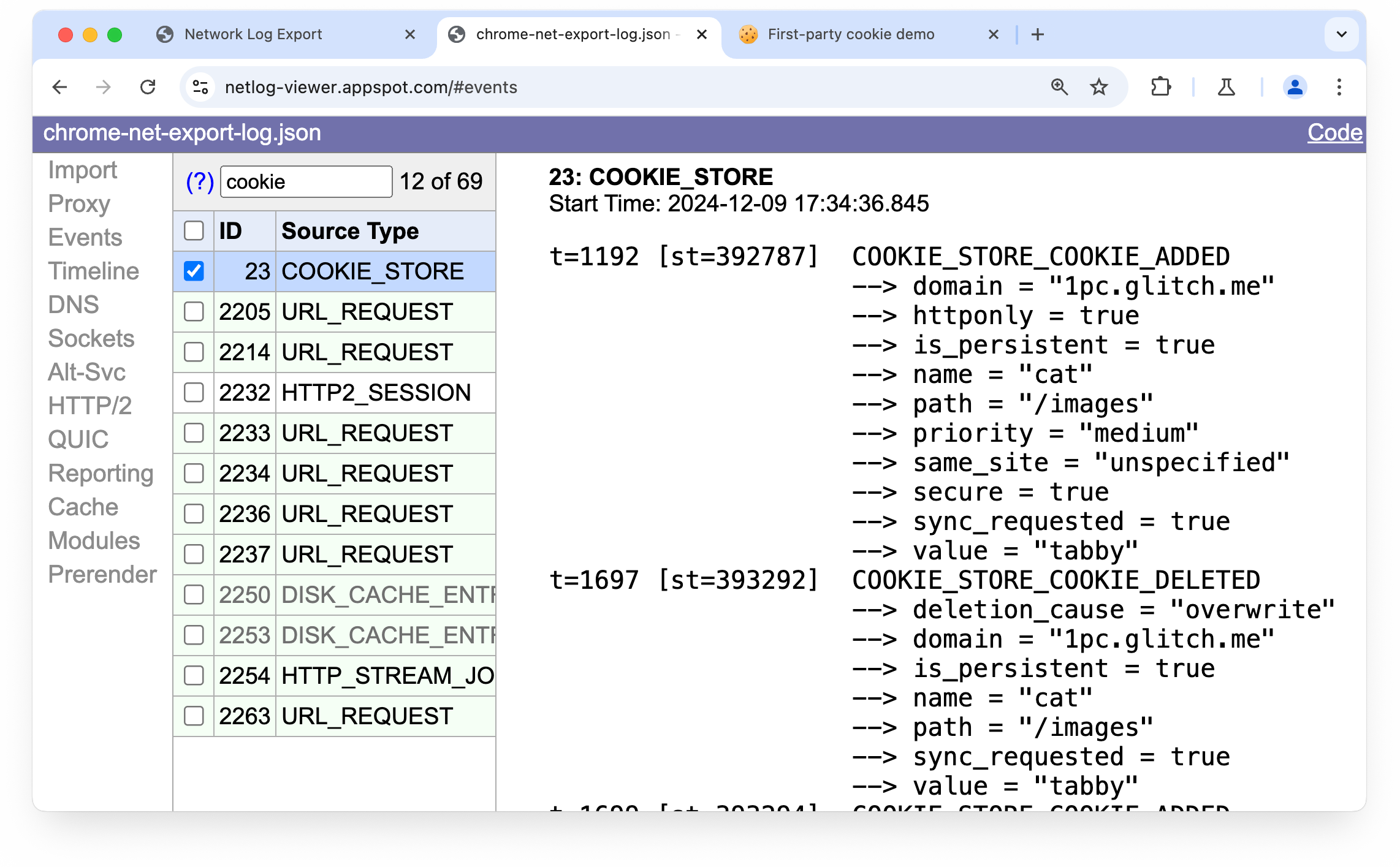 Output di chrome://net-export visualizzato nel visualizzatore dei log di rete