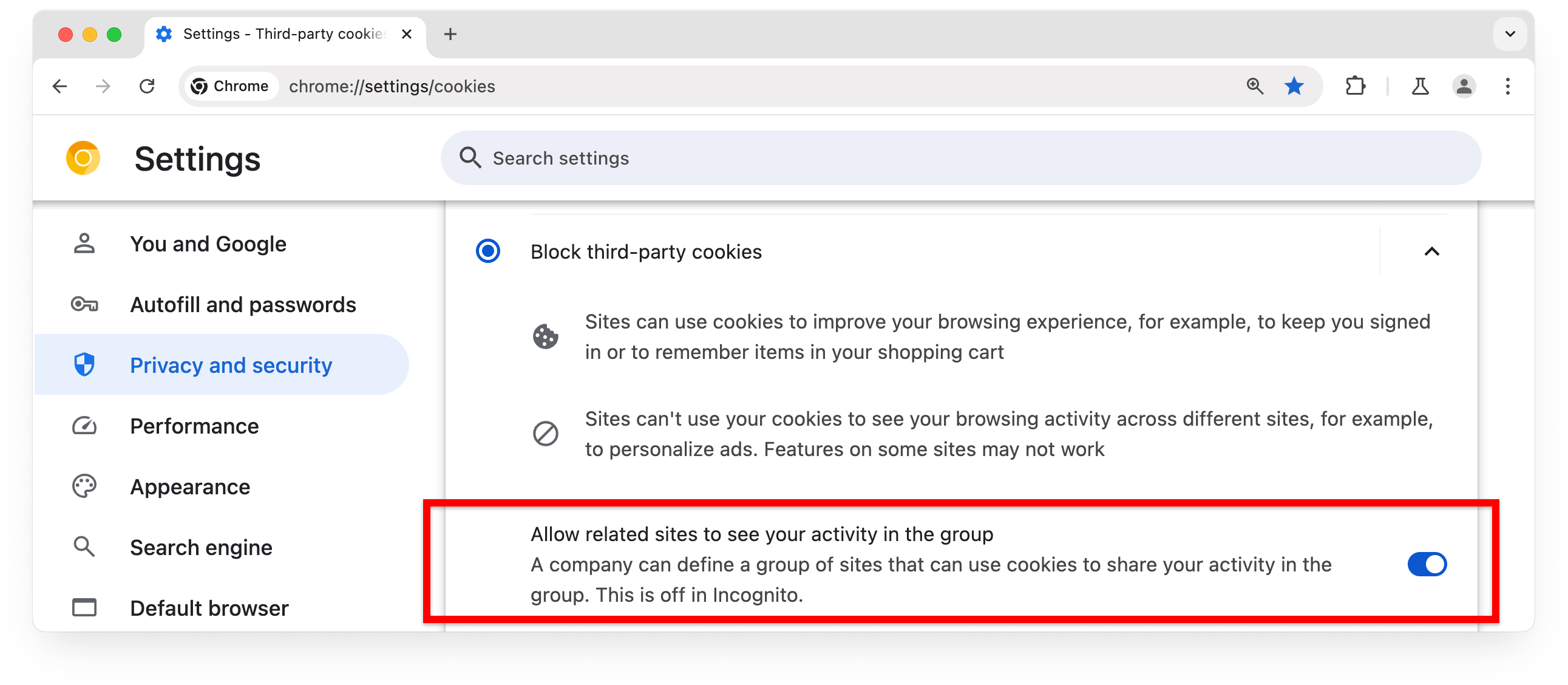 chrome://settings，显示如何在屏蔽第三方 Cookie 的情况下允许 Related Website Sets