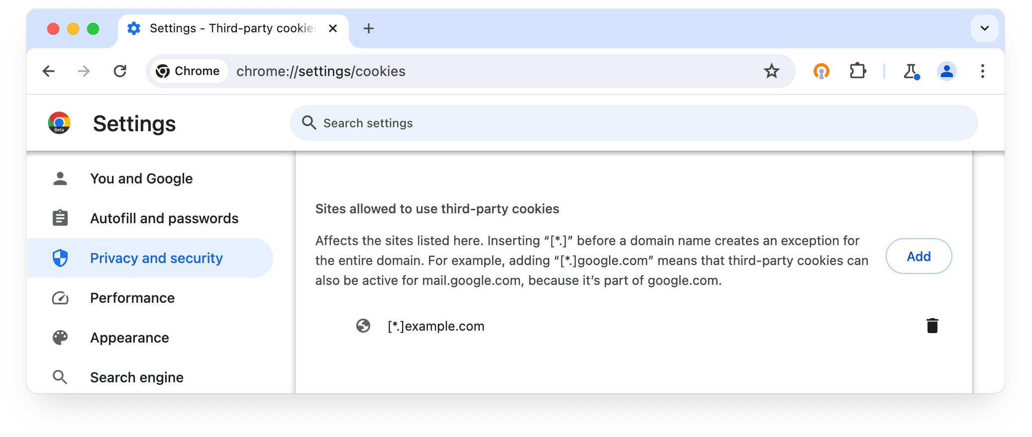 chrome://settings/cookies：经允许可使用第三方 Cookie 的网站