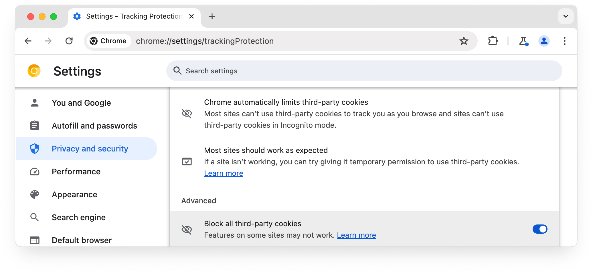 chrome://settings/trackingProtection 页面，选中“屏蔽所有第三方 Cookie”