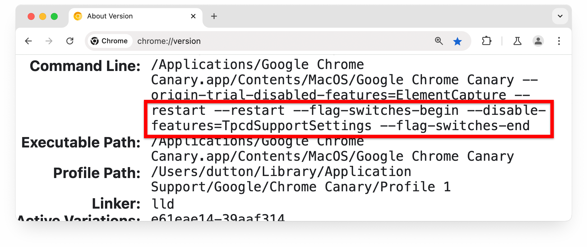 หน้า chrome://version ที่ไฮไลต์ธงในส่วนบรรทัดคำสั่ง