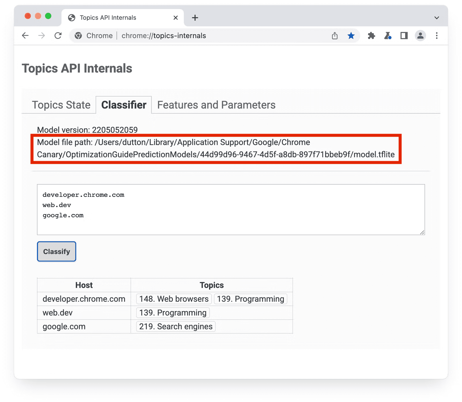 Página chrome://topics-internals com o painel &quot;Classificador&quot; selecionado e o caminho do arquivo tflite destacado.