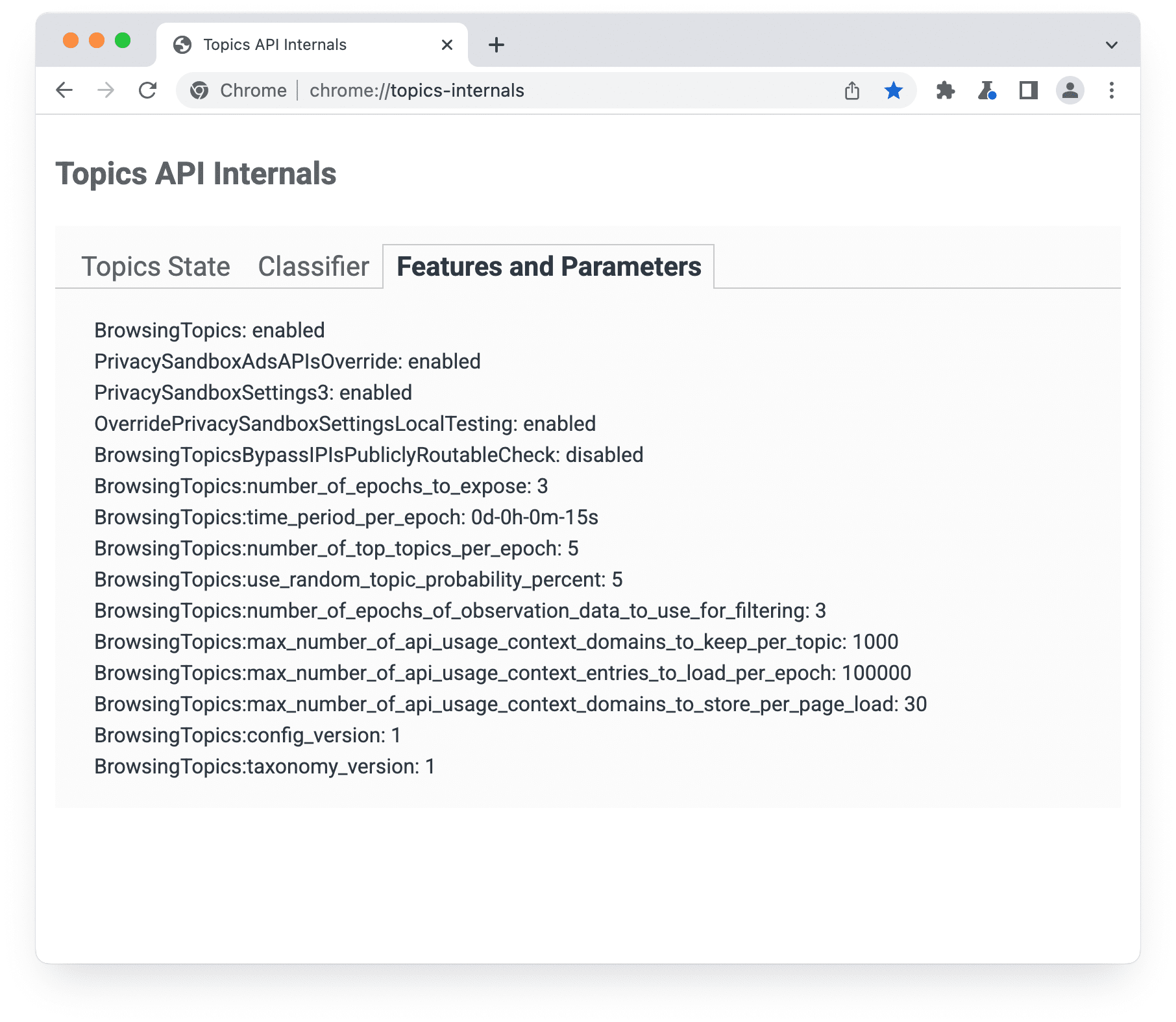 Page chrome://topics-internals avec le panneau &quot;Fonctionnalités et paramètres&quot; sélectionné.