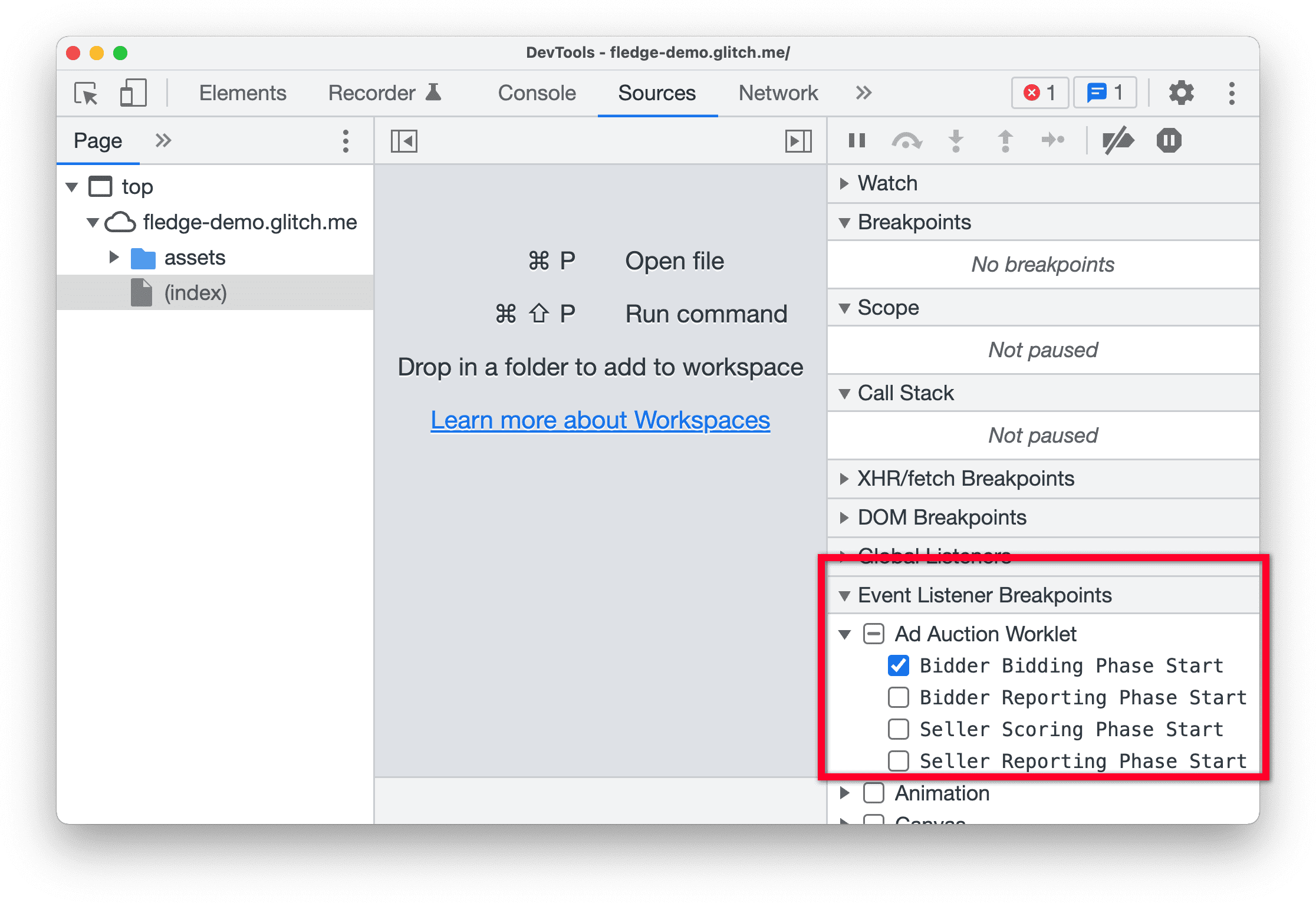 Chrome Canary의 DevTools. Sources 패널에서 Event Listener Breakpoints 창이 강조 표시되어 있습니다. 입찰자 입찰 단계 시작이 광고 입찰 워크렛에서 선택됩니다.