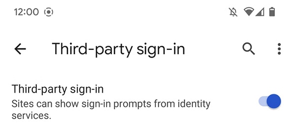 モバイルの Chrome 設定で [サードパーティのログイン] をオンにして、FedCM を有効にする
