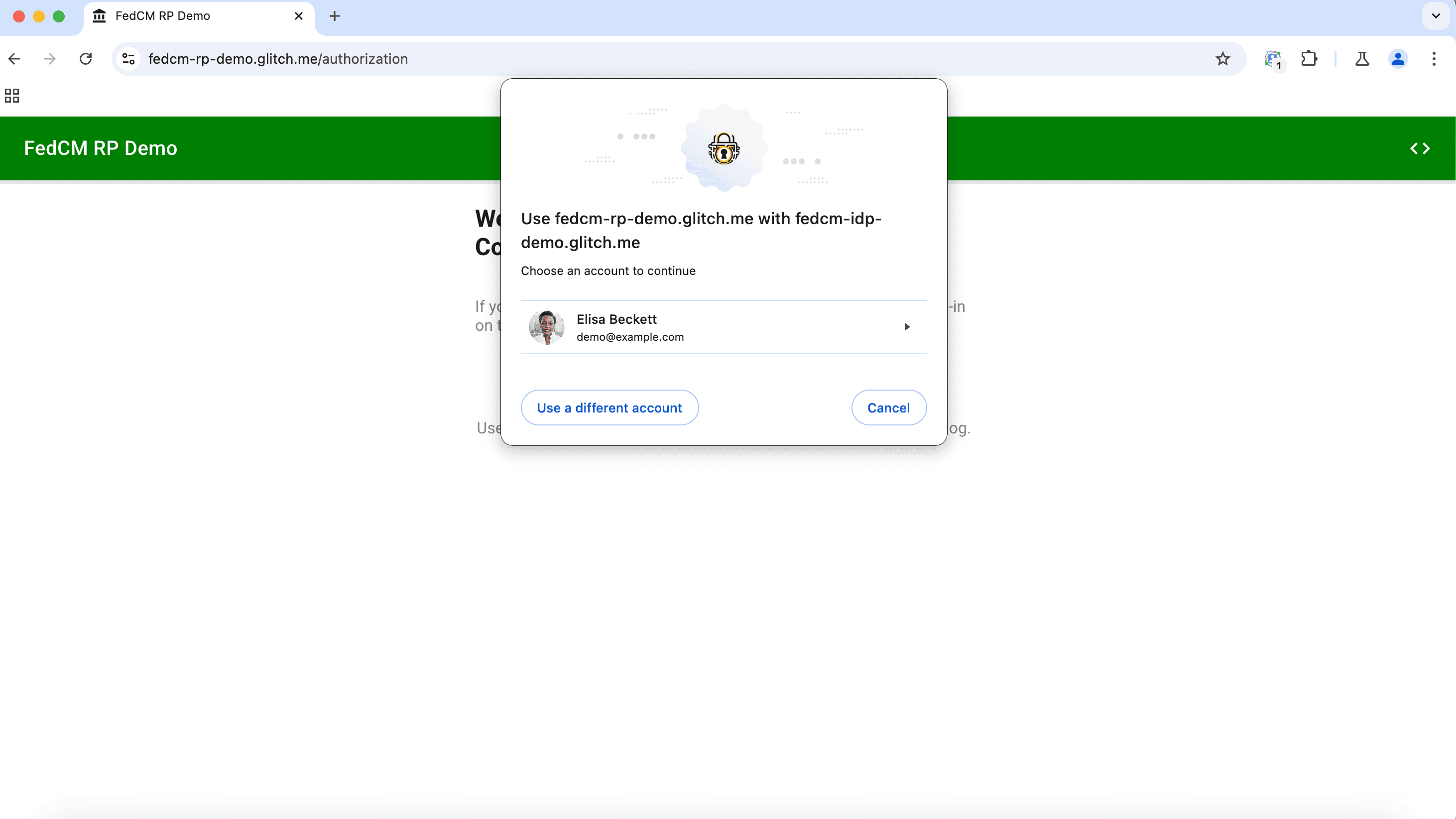 A FedCM sign-in active mode dialog on desktop requesting a user to sign in with their account. The dialog contains a branding icon and options to log in to the RP with the current account provided by the IdP, choose a different account, or cancel. The dialog is centered, and it's bigger than the passive mode dialog.