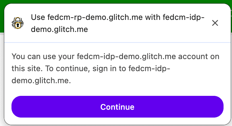 Uma caixa de diálogo do FedCM mostrando uma mensagem de contexto personalizada: em vez de &quot;Fazer login&quot; com o FedCM, a mensagem de contexto diz &quot;Usar&quot; o FedCM.