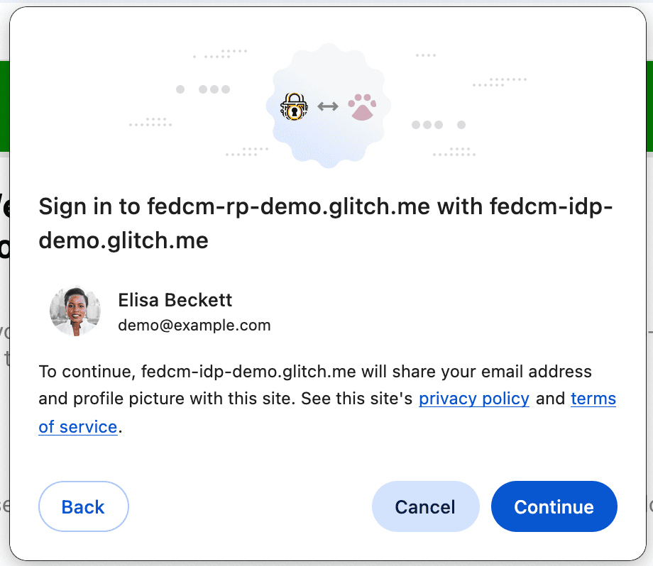 Diálogo del modo activo de FedCM que muestra un mensaje de divulgación. Para continuar, el proveedor de identidad compartirá la dirección de correo electrónico y la foto de perfil del usuario con el sitio web.