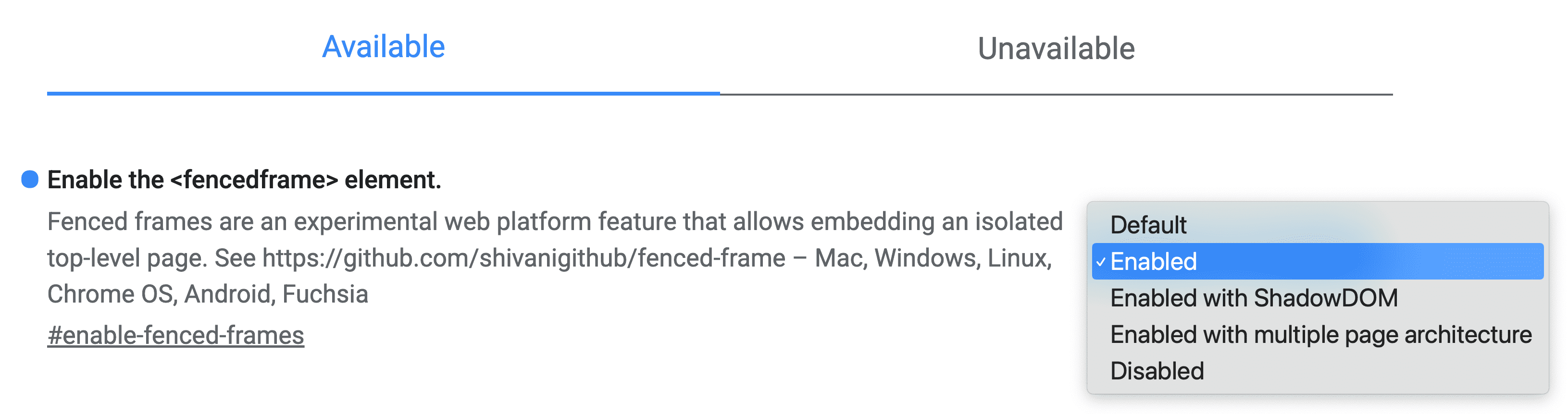 Chrome テストで、[Enable the Fenced frame element] という名前のフラグを [Enabled] に設定します。