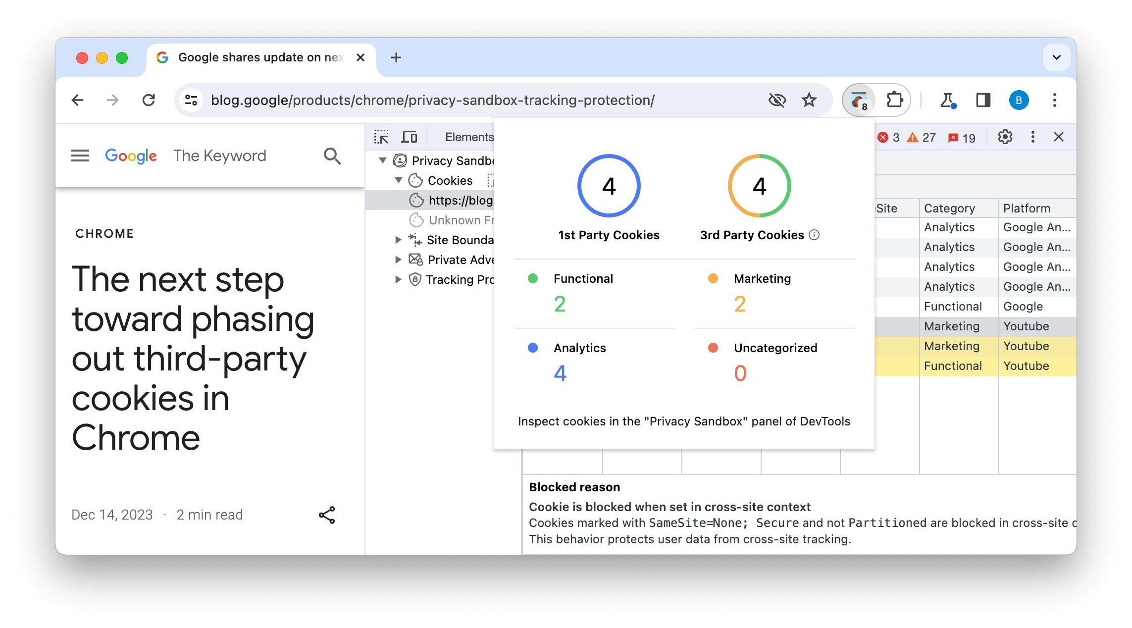 Privacy Sandbox Analysis Tool (PSAT) 屏幕截图，显示了模态中使用的 Cookie 的数量和类型，以及背后的 Cookie 列表及其被屏蔽的原因。