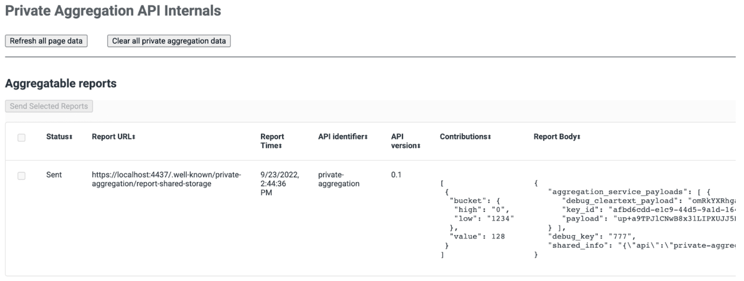 Private Aggregation API 內部頁面的螢幕截圖