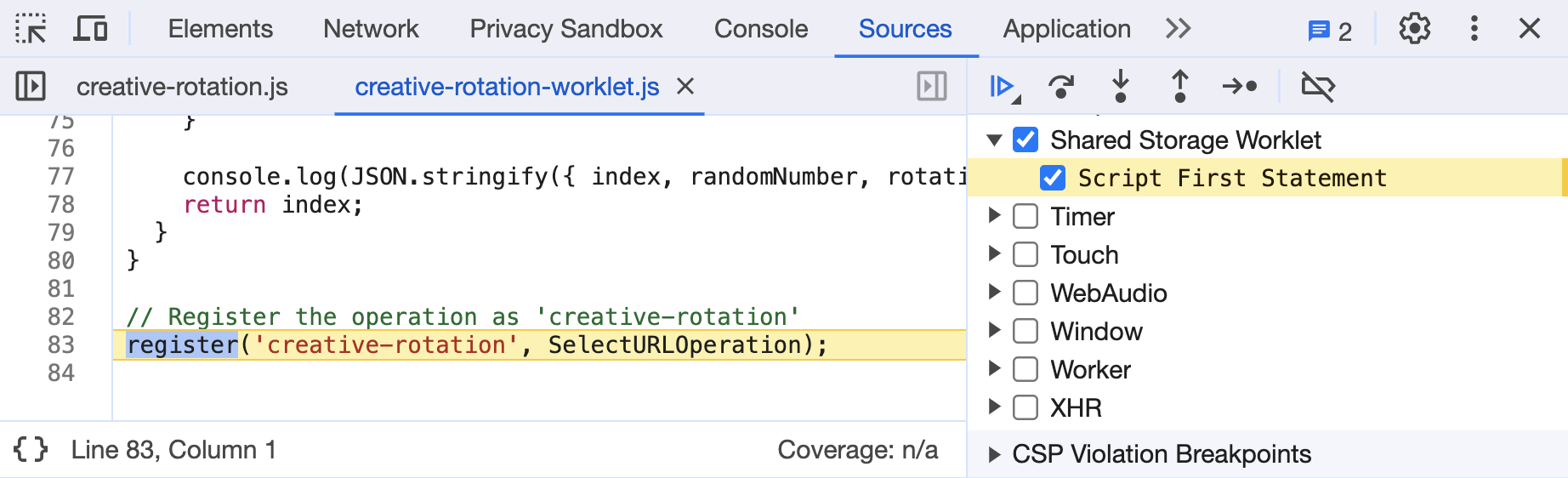 Debugging a Shared Storage worklet by adding event-level listener.