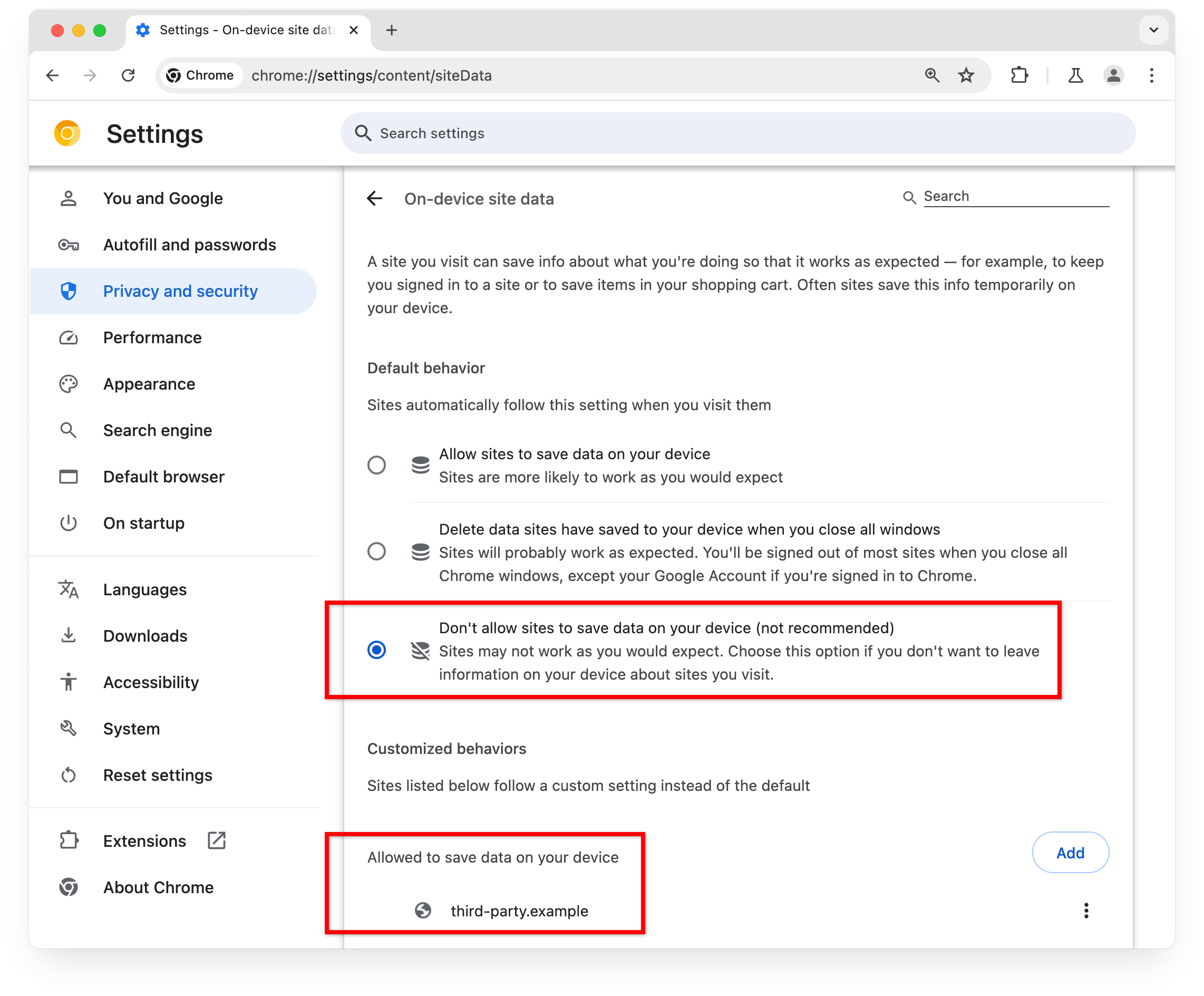 Chrome settings page: don't allow sites to save data on your device is selected. The site third-party.example has been added to sites allowed to save data on your device