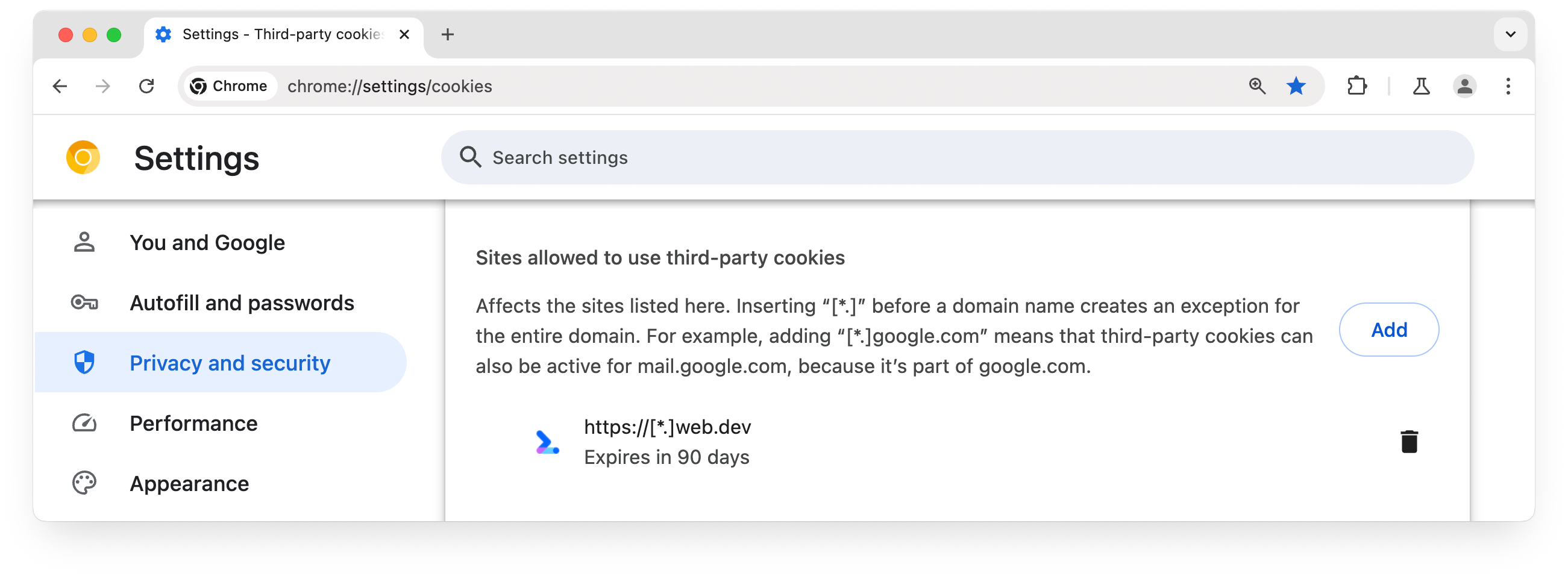 Page chrome://settings affichant les sites autorisés à utiliser des cookies tiers