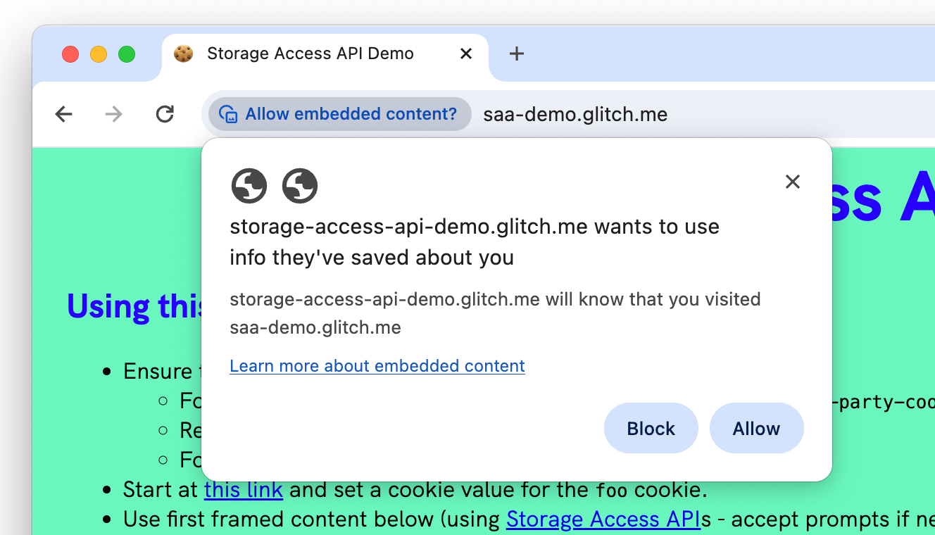 Chrome Storage Access API permission prompt