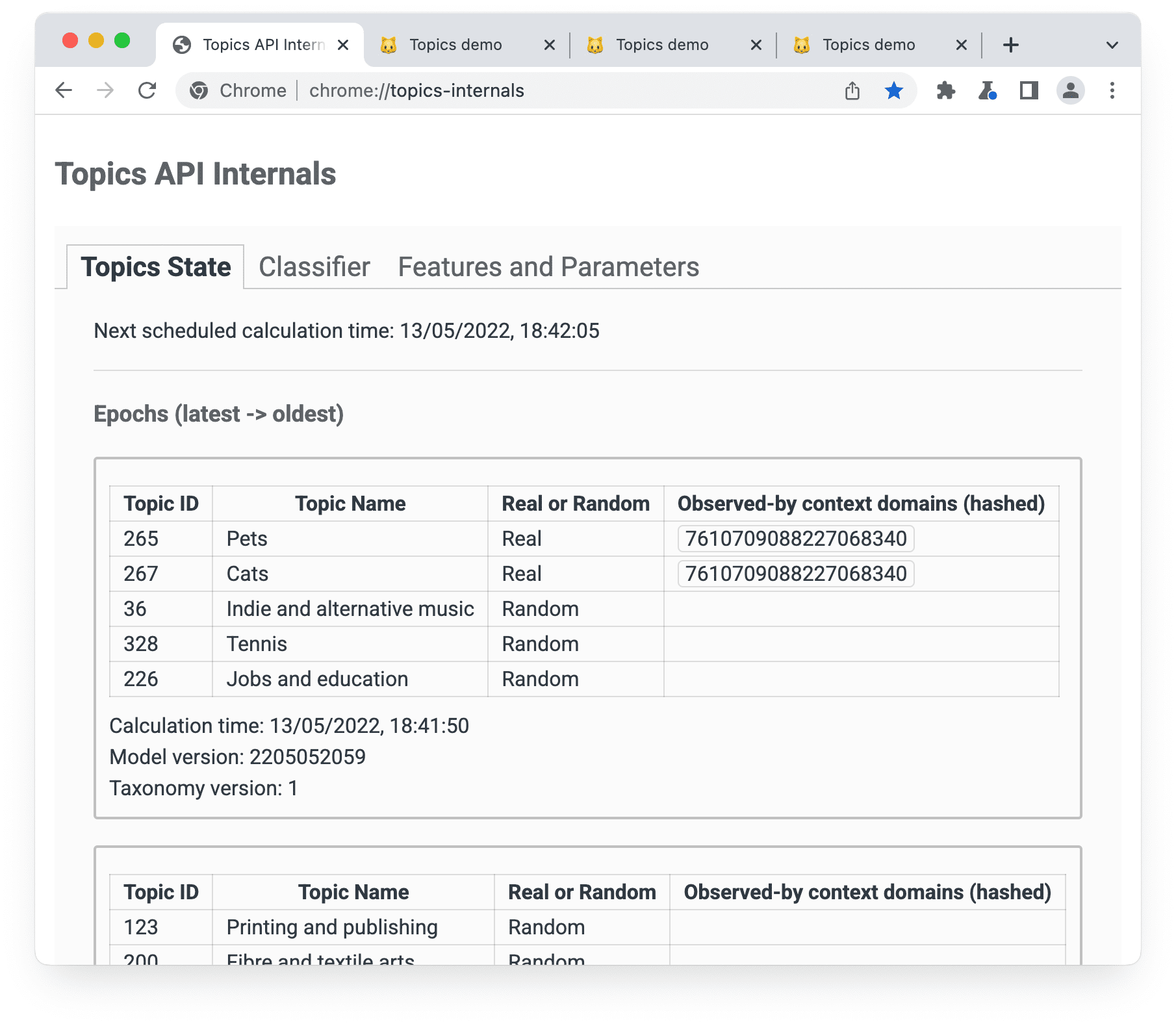 [トピックの状態] パネルが選択された chrome://topics-internals ページ。