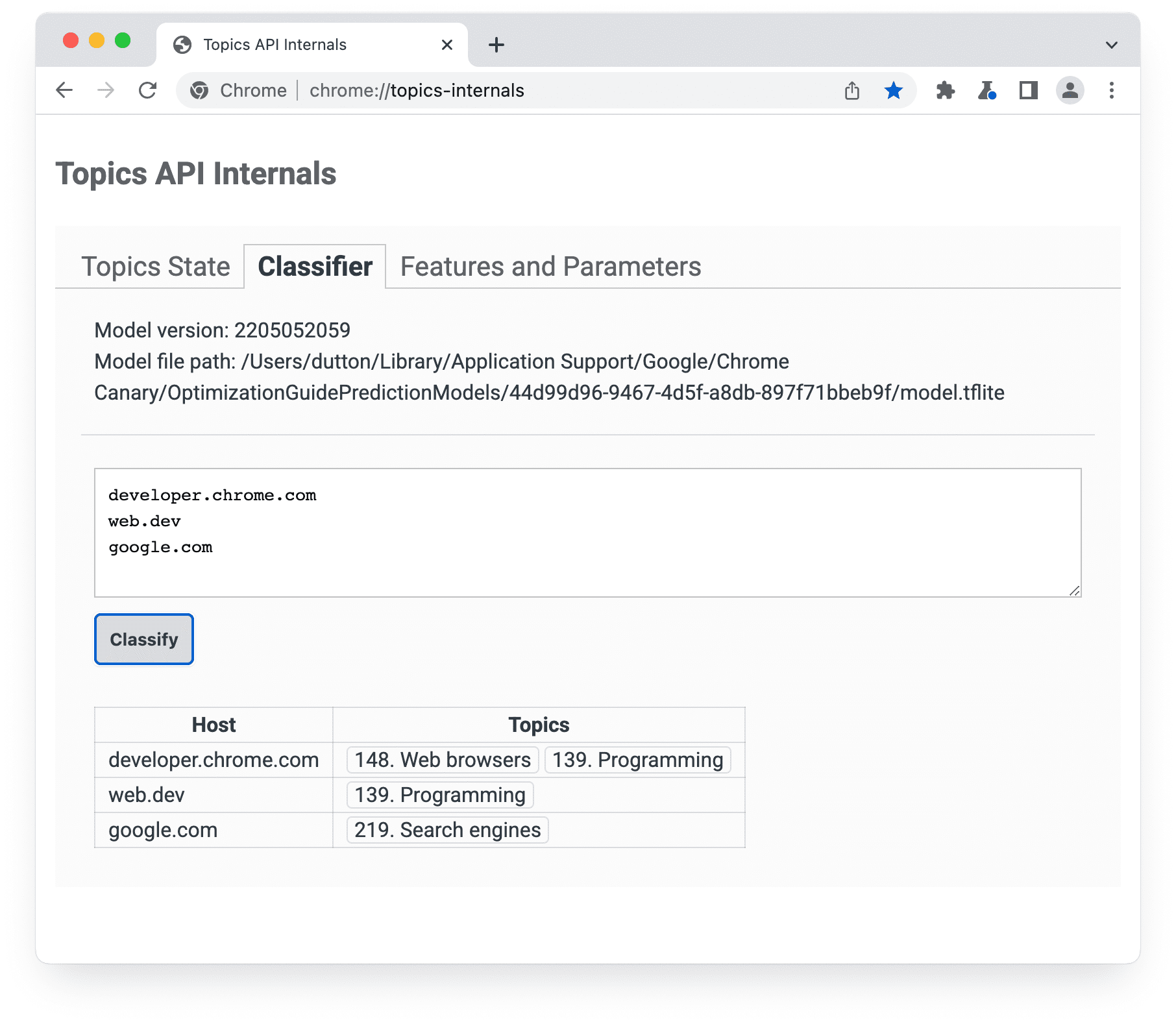 chrome://topics-internals 页面，其中“分类器”面板处于选中状态。