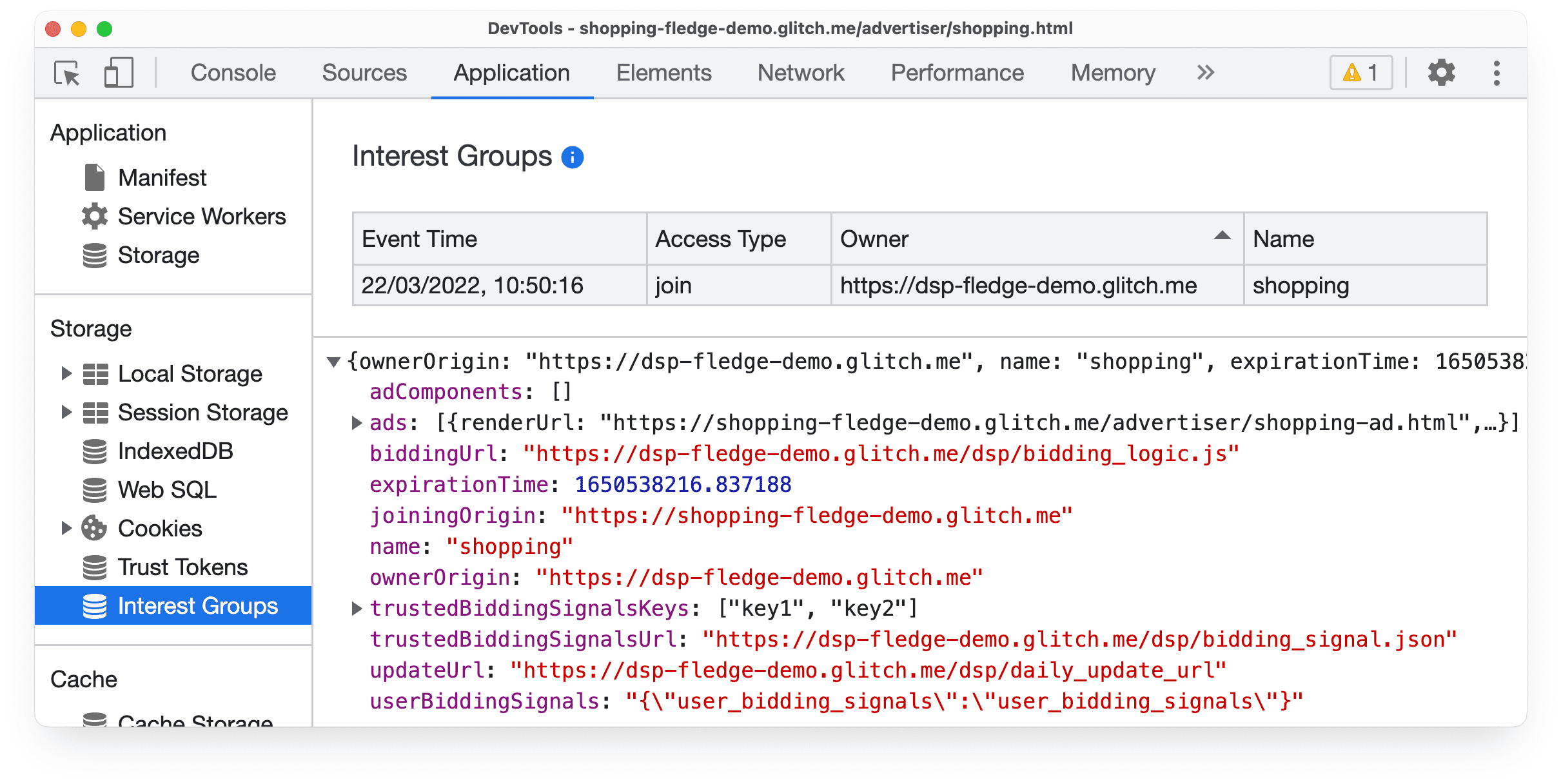 Painel do aplicativo do DevTools mostrando informações sobre um evento de participação em grupo de interesse da API Protected Audience.