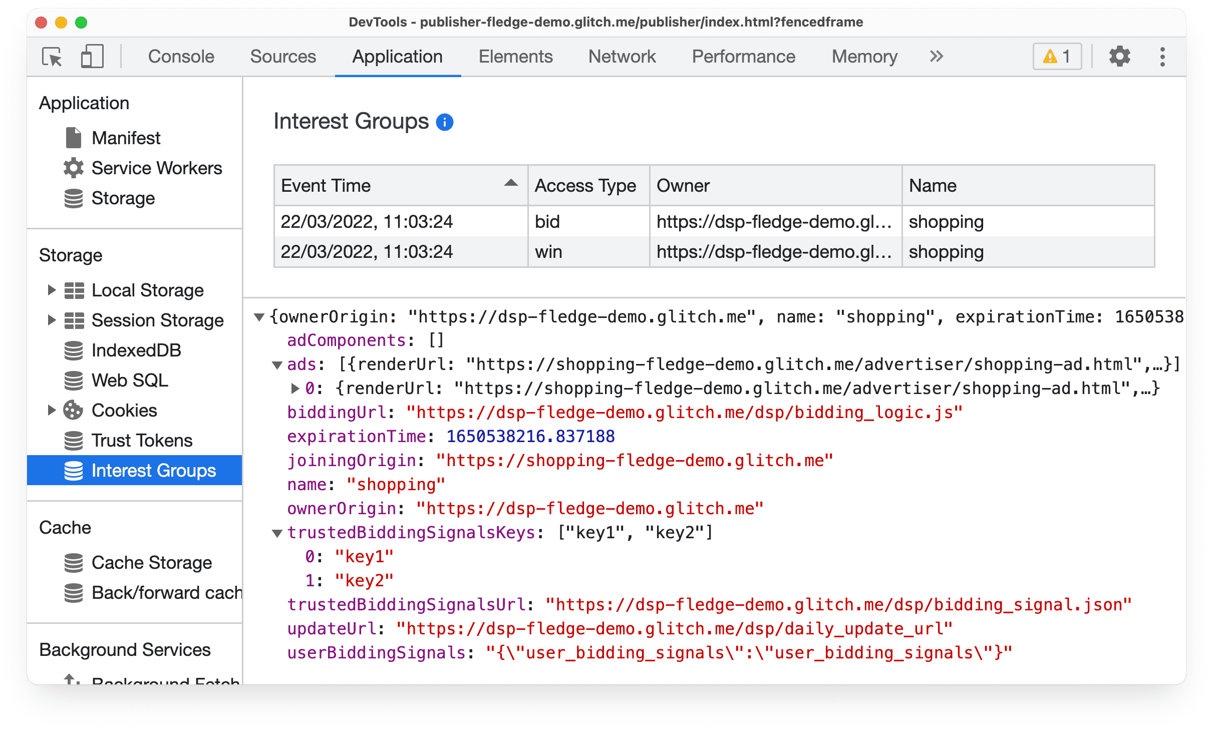 Der Bereich „Anwendung“ in den DevTools in Chrome Canary mit Informationen zu Geboten und Gewinnereignissen der Protected Audience API