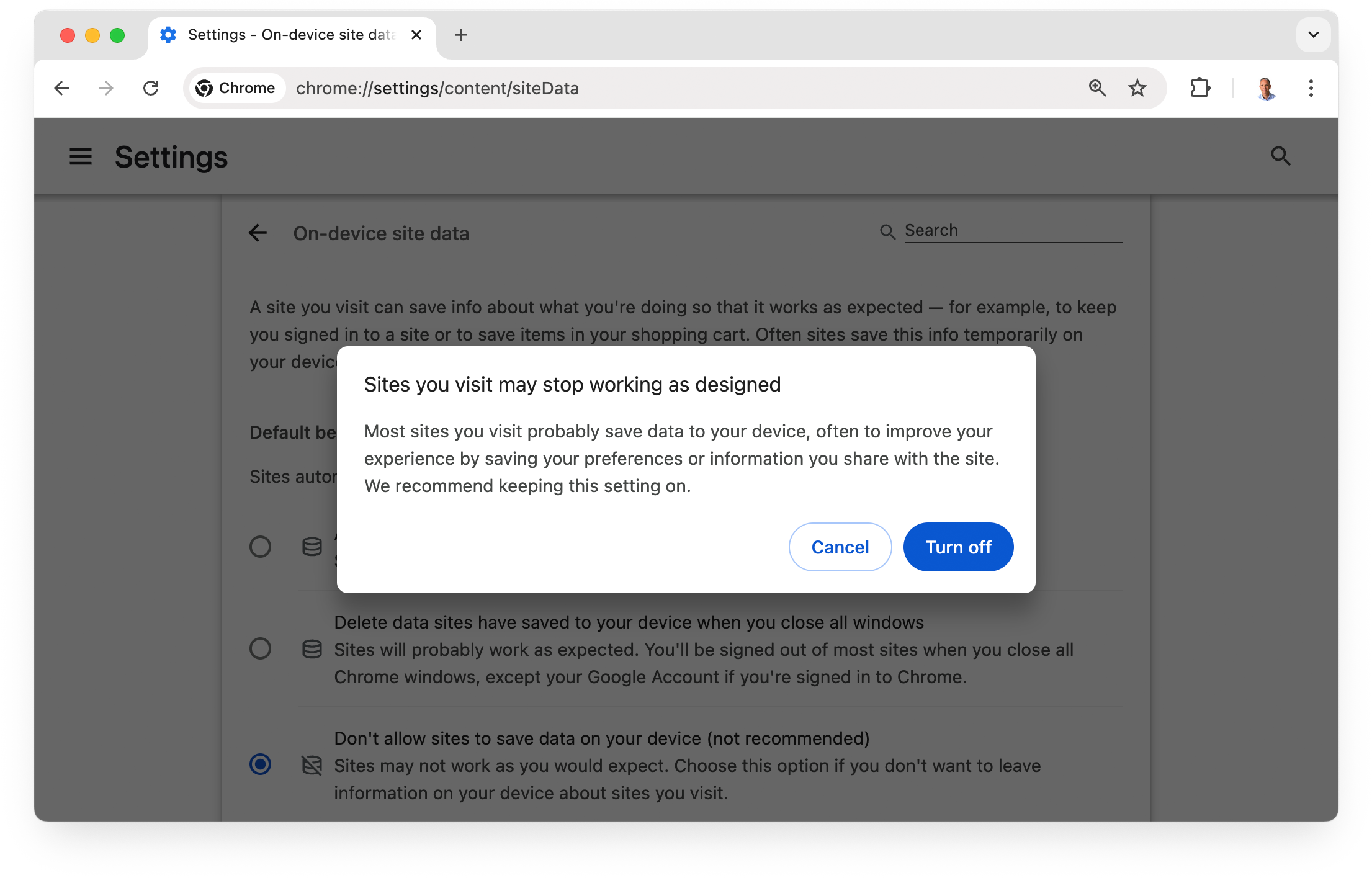 The Chrome site data settings page, with 'Don't allow sites to save data on your device (not recommended)' selected