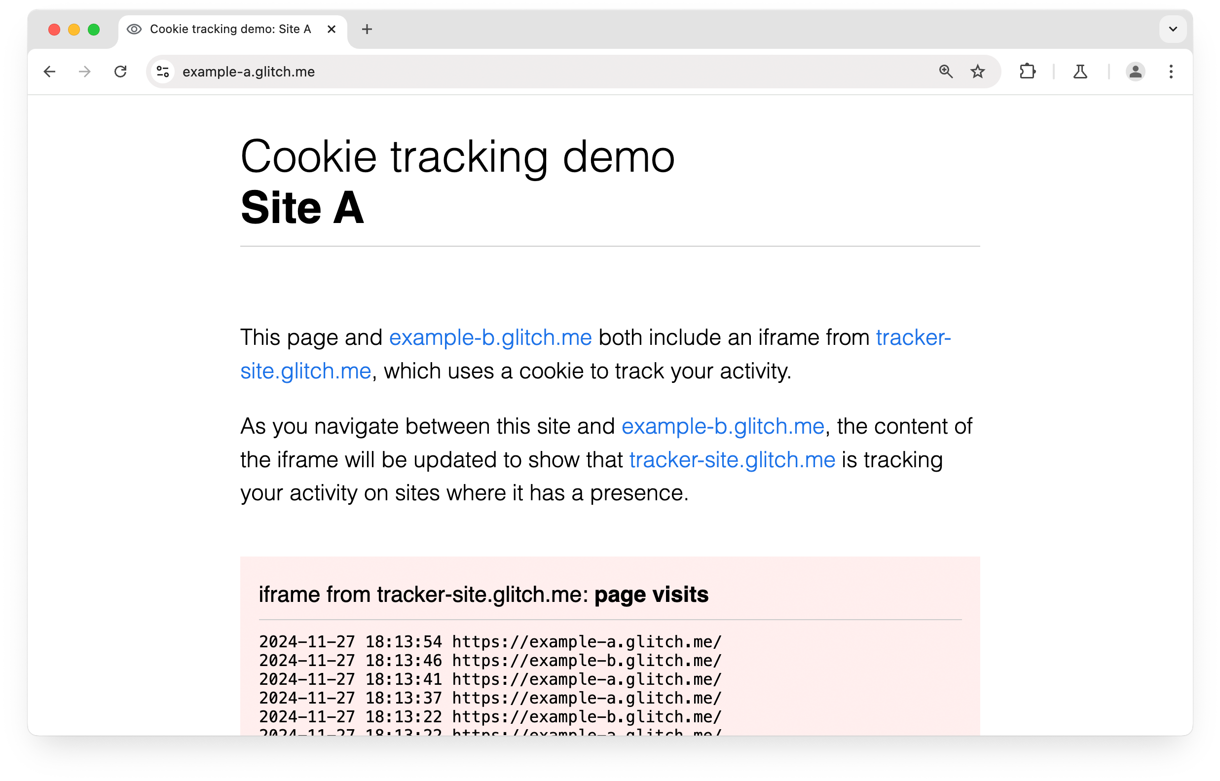 Demo del monitoraggio dei cookie tra siti: example-a.glitch.me