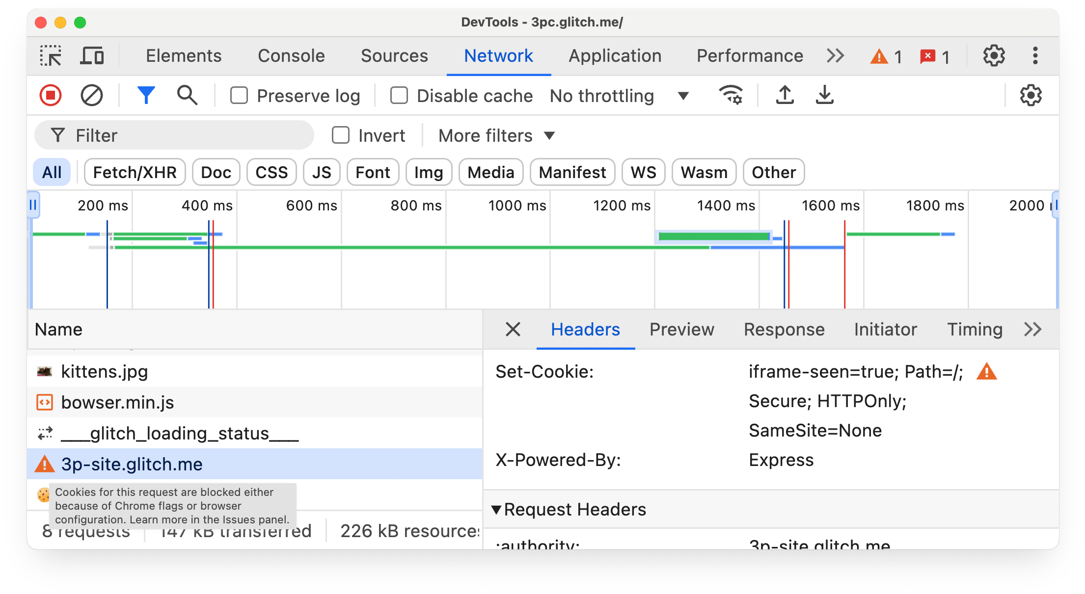 Panel de red de las herramientas para desarrolladores de Chrome que muestra el motivo del bloqueo de cookies entre sitios